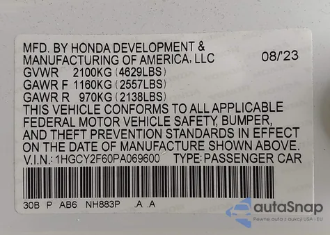 2023 Honda Accord Hybrid Ex-L из США, поврежденный, VIN 1HGCY2F60PA069600